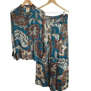 FARM RIO for Nuuly Paisley Lounge Set Teal Brown Boho Print Top Pant Set S NWOT